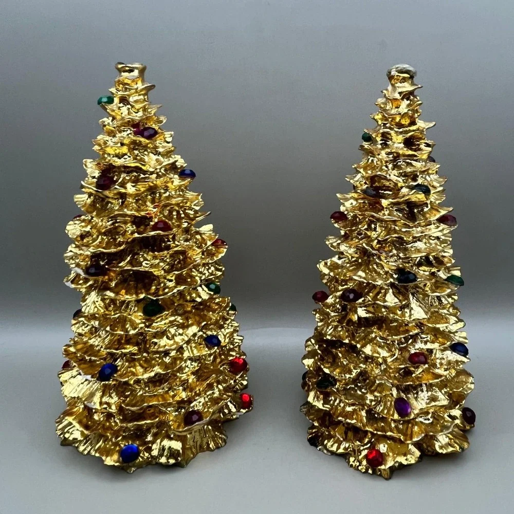 Vtg‎ 1994 Enesco Gold Heavy Jeweled Christmas Tree Tabletop Set of 2 6